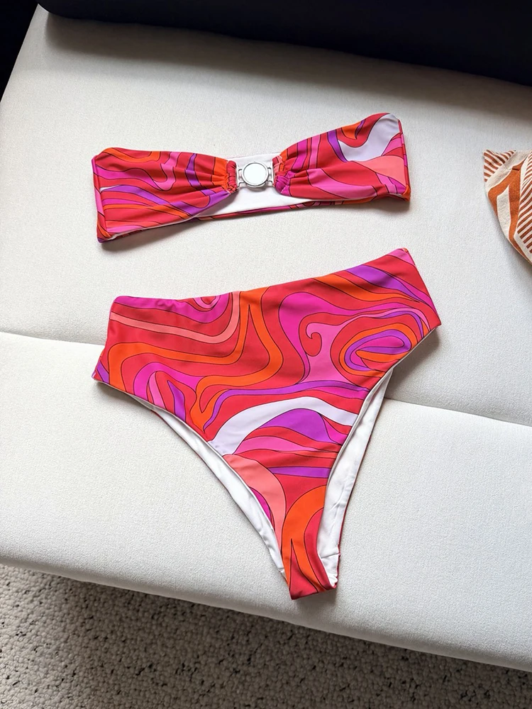 Summer Fashion Beach Style Geometric Print Sexy Bikini Set Women's Metal Buckle Strap Ultrashort Strapless Tops+Low Waist Shorts