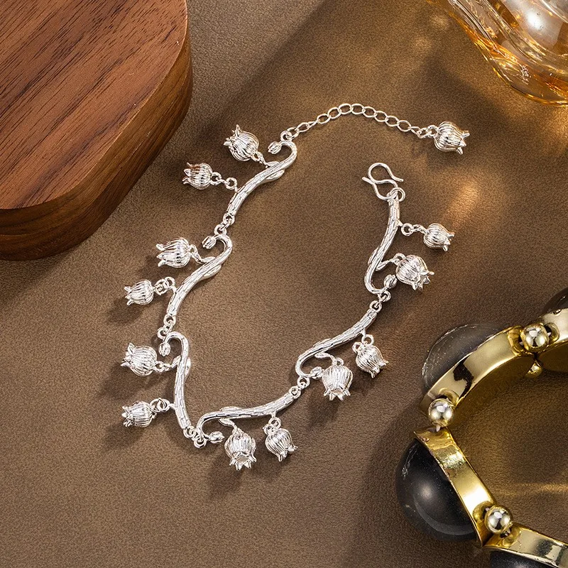 PANJBJ 925 Sterling Silver Lily Of the Valley Bracelet for Women Retro Sweet Tassel Branch Irregular Jewelry Gift Dropshipping