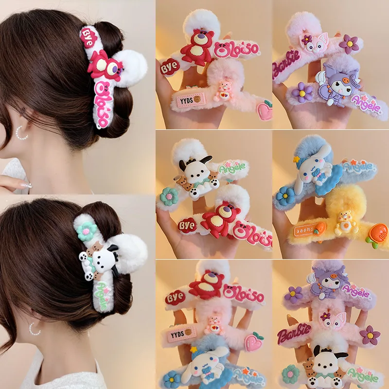 Sanrio Kawaii Clasp Hairpin Plush Kuromi Cinnamoroll Hellokitty Anime Figure Autumn Winter Ponytail Curled Hair Accesories Gifts