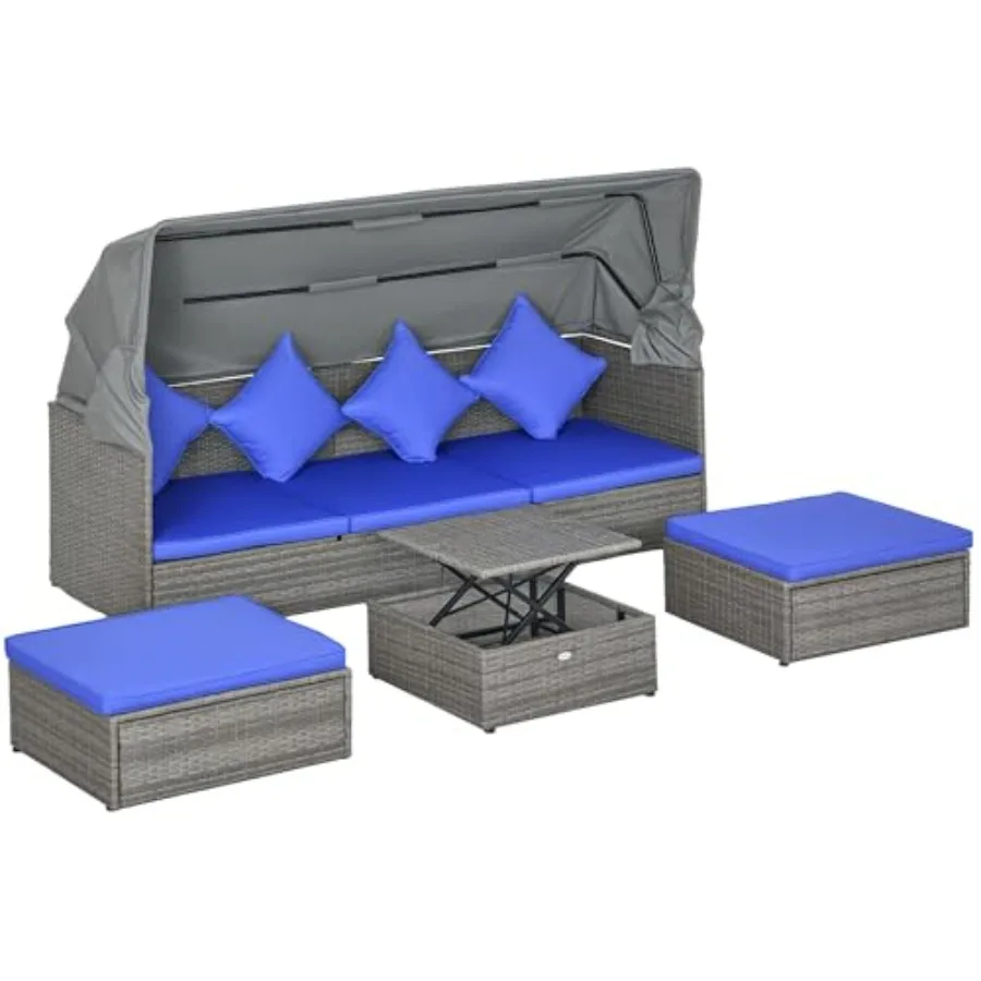 

Комплект садовой мебели из 4 предметов с подушками, кушетка из ротанга PE с выдвижным навесом, уличный секционный диван с регулируемой спинкой