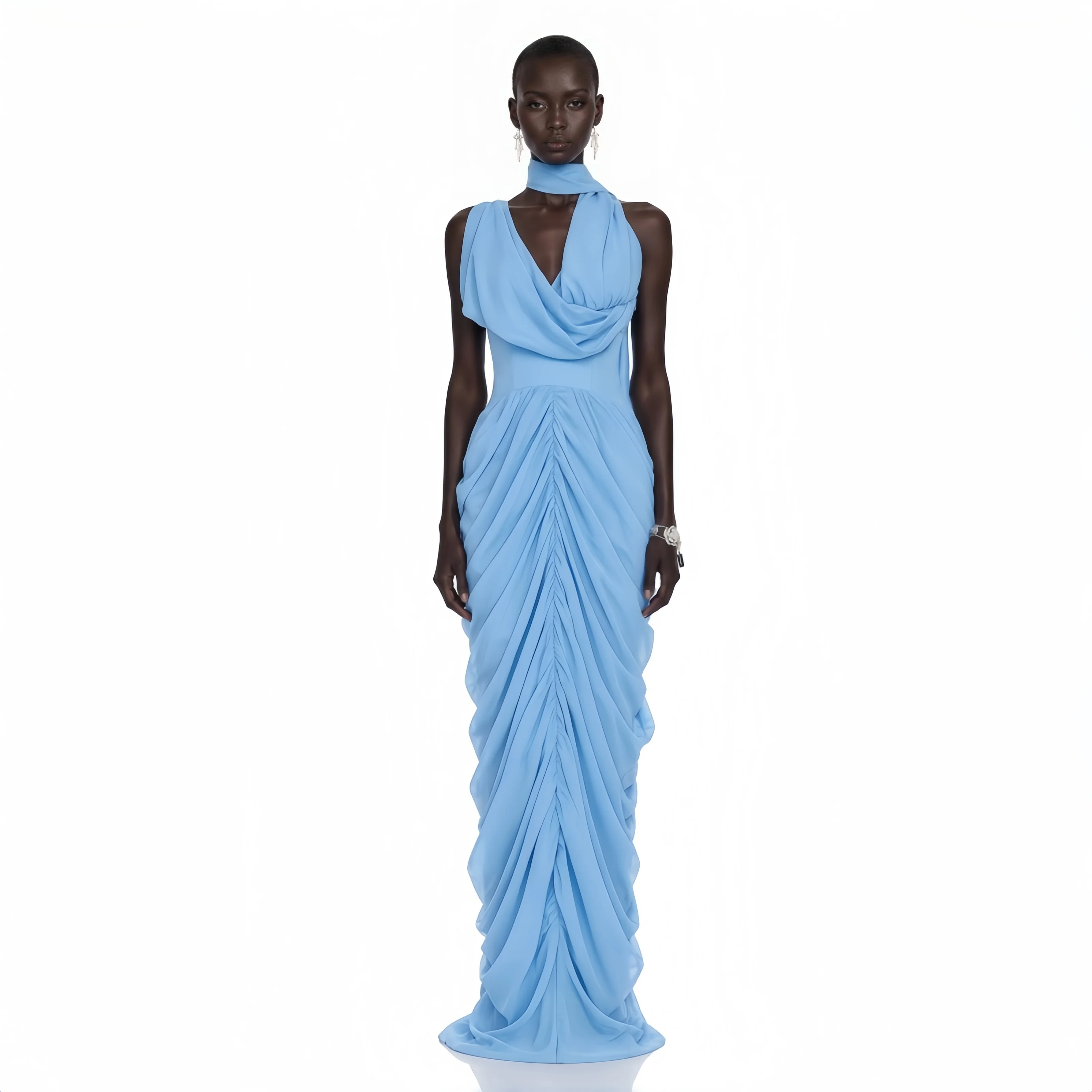Luxury Blue Mermaid Evening Dresses Draped Chiffon Formal Dress Ribbon Tiered Women Prom Party Gowns Customized robes de soirée