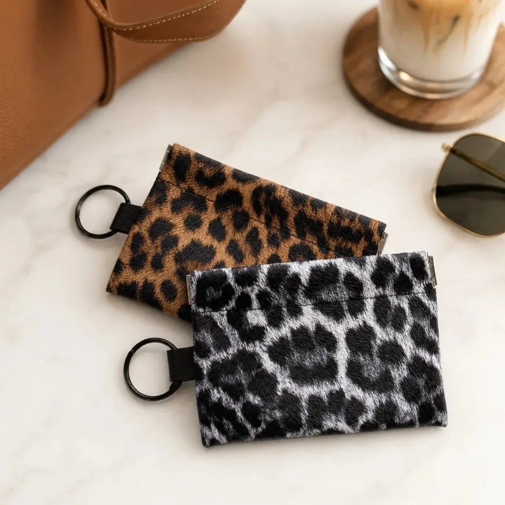 Fashion Leopard Print Coin Purse Automatic Closure Squeeze Opening Key Ring Pouch Portable Card Holder Everyday Carry