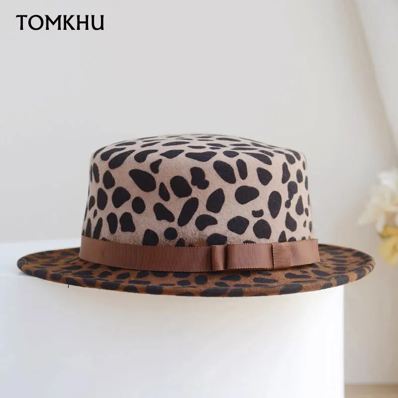 

TOMKHU модная европейско-американская классическая шерстяная шляпа с леопардовым принтом, фетровая шляпа с полями 5 см, повседневная осенне-зимняя шляпа Fedora Bone, высокое качество