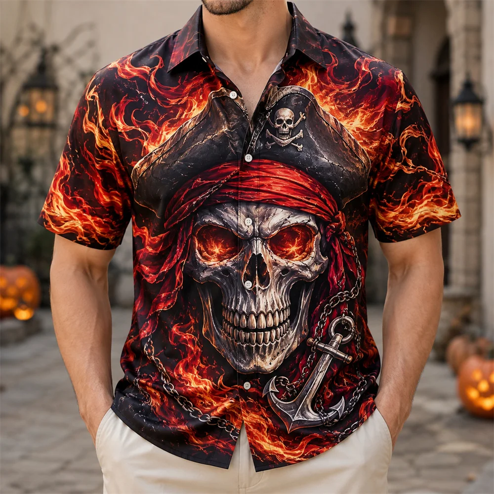 Purple Lightning Pirate Skull Shirt Men Tentacle Print Short Sleeve Button Up Gothic Halloween Party Casual Streetwear Shirts
