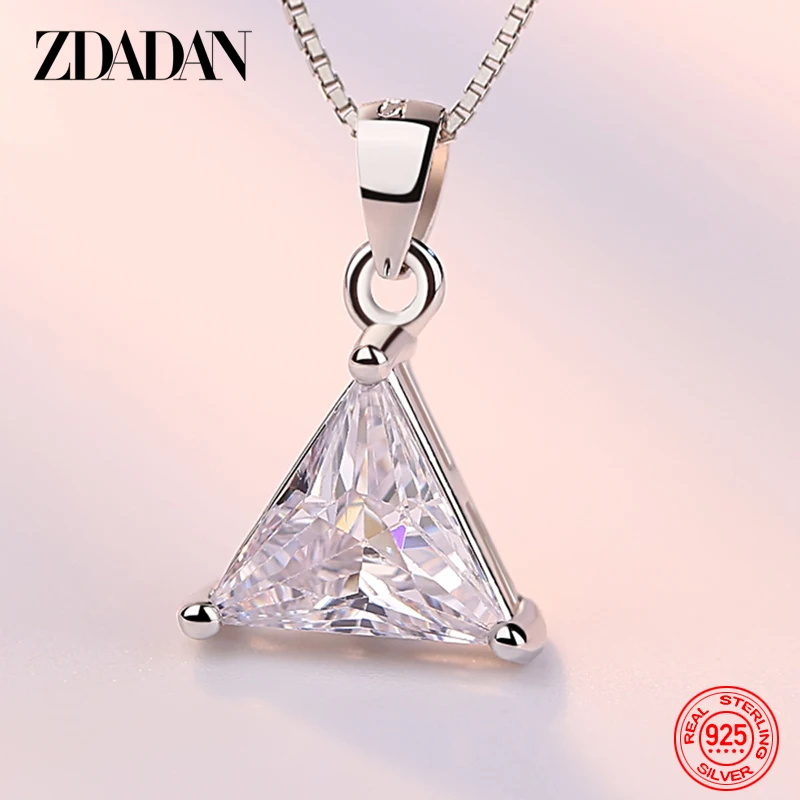 ZDADAN 925 Sterling Silver Triangle Zircon Pendant Necklace For Women Wedding Jewelry Gift