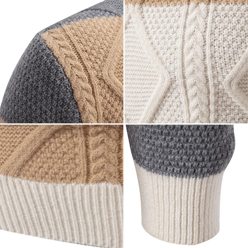 2025 Mens Autumn Winter New Fashion Trend Color Block Weaving Cotton Knitted Sweater Streetwear