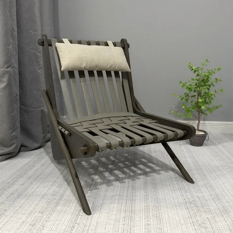 Wind ancient leisure balcony sofa recliner B & B furniture retro solid wood saddle leather woven leisure chair