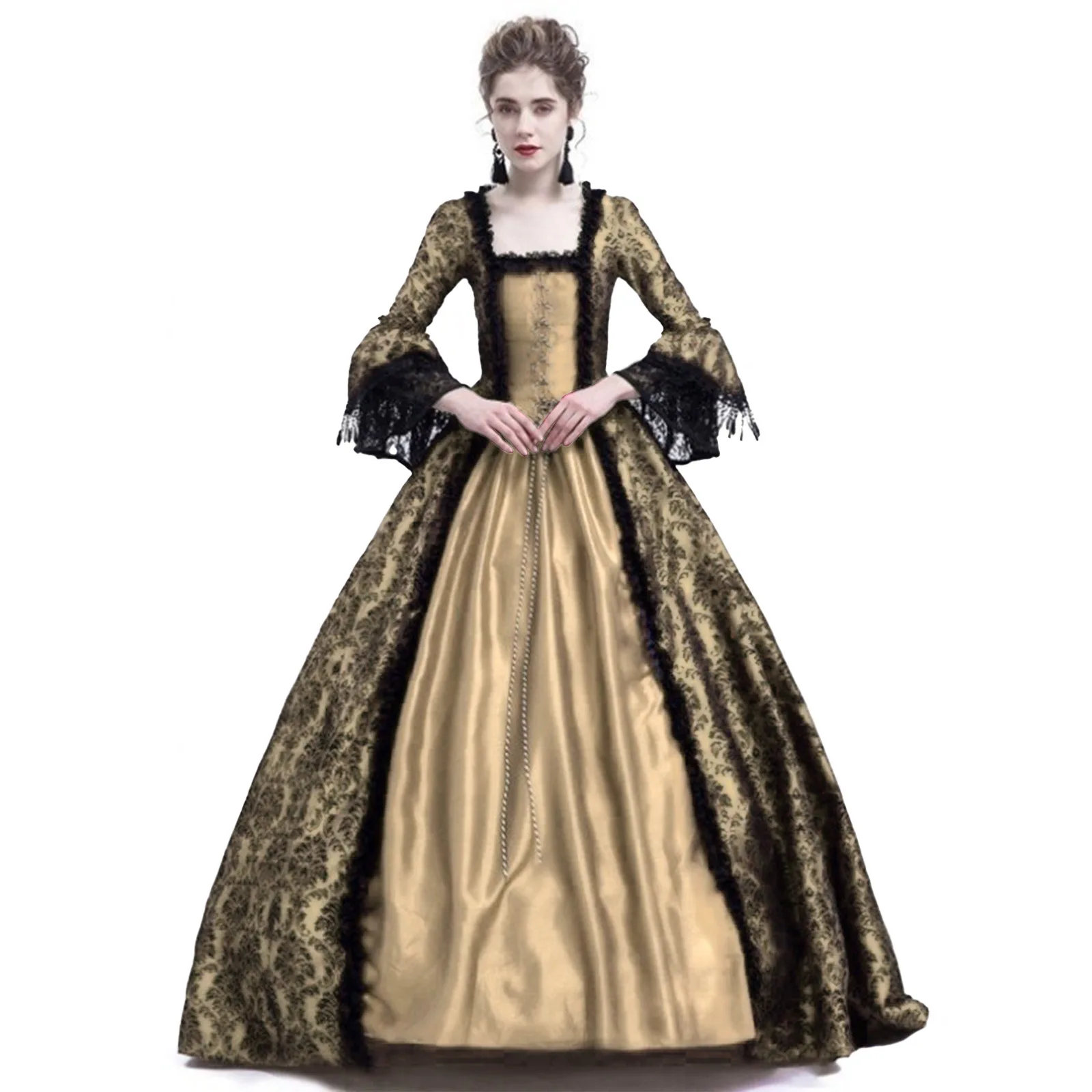 Halloween Women Victorian Medieval Queen Cosplay Costume Masquerade Witch Vampire Black Gothic Lace Long Court Dress S-XXXXXL