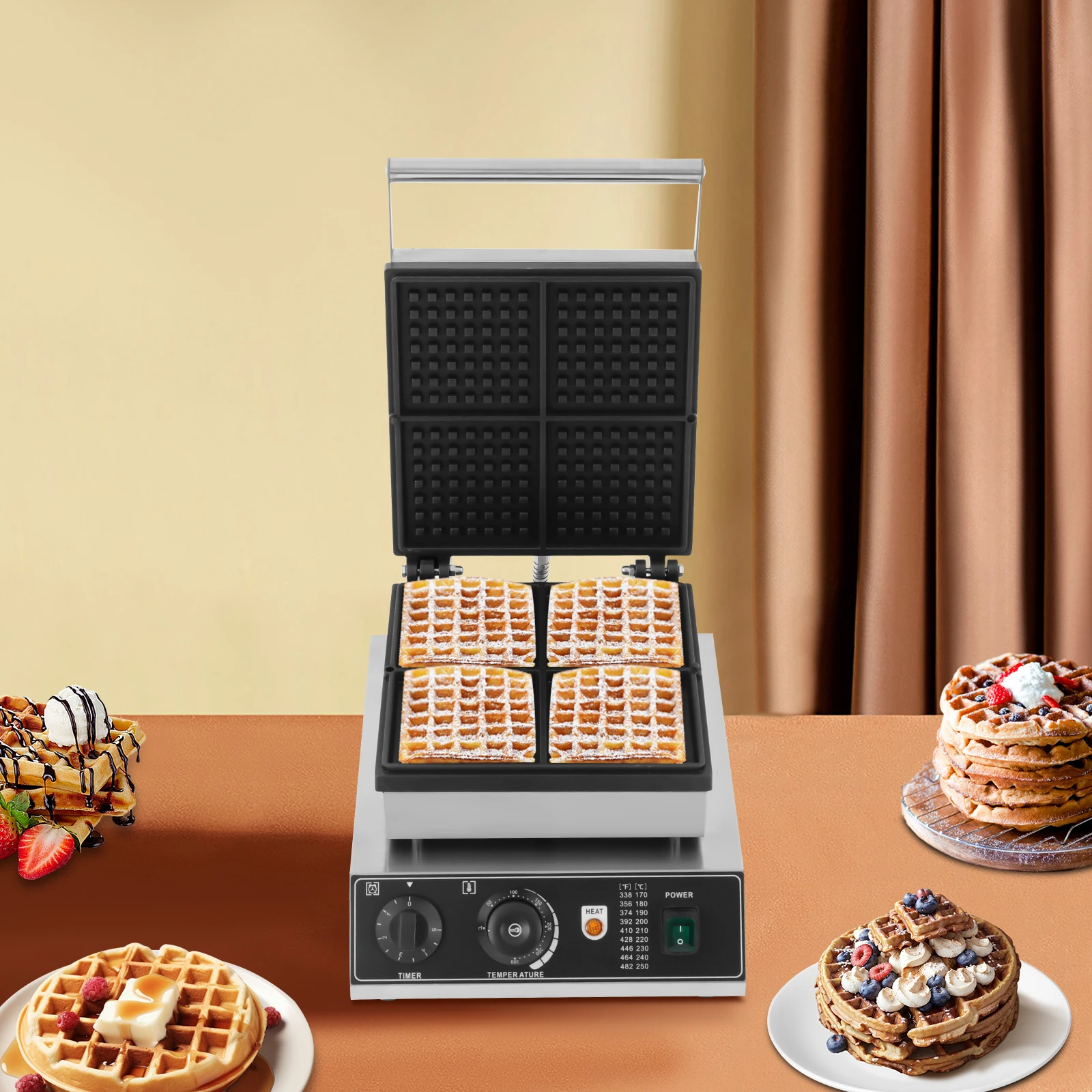 1750W Waffle Iron Belgian Waffles Non-stick Coating Adjustable Temperature 180° Rotatable