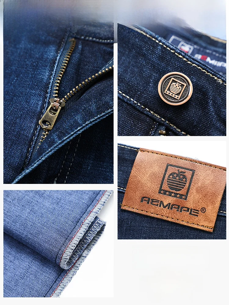 Calças Jeans Masculinas de Perna Reta com Forro de Lã Elástico, Calças Longas Casuais ssas de Aodão com Cintura Alta par...