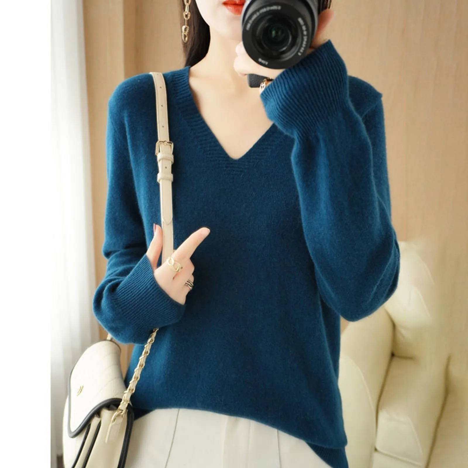 Women Solid Color Long Sleeve Knit Sweater Top Wool Pullover Base Sweater V-neck Korean Fashion Versatile Elegant Clothing