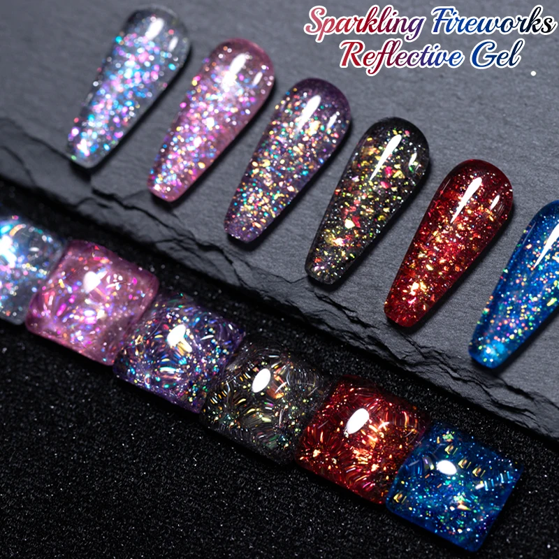 PUENTE 7.5ML Sparkling Fireworks Reflective Glitter Gel Nail Polish Dark Flashy Super Shiny Soak Off Semi-Permanent Nail Varnish