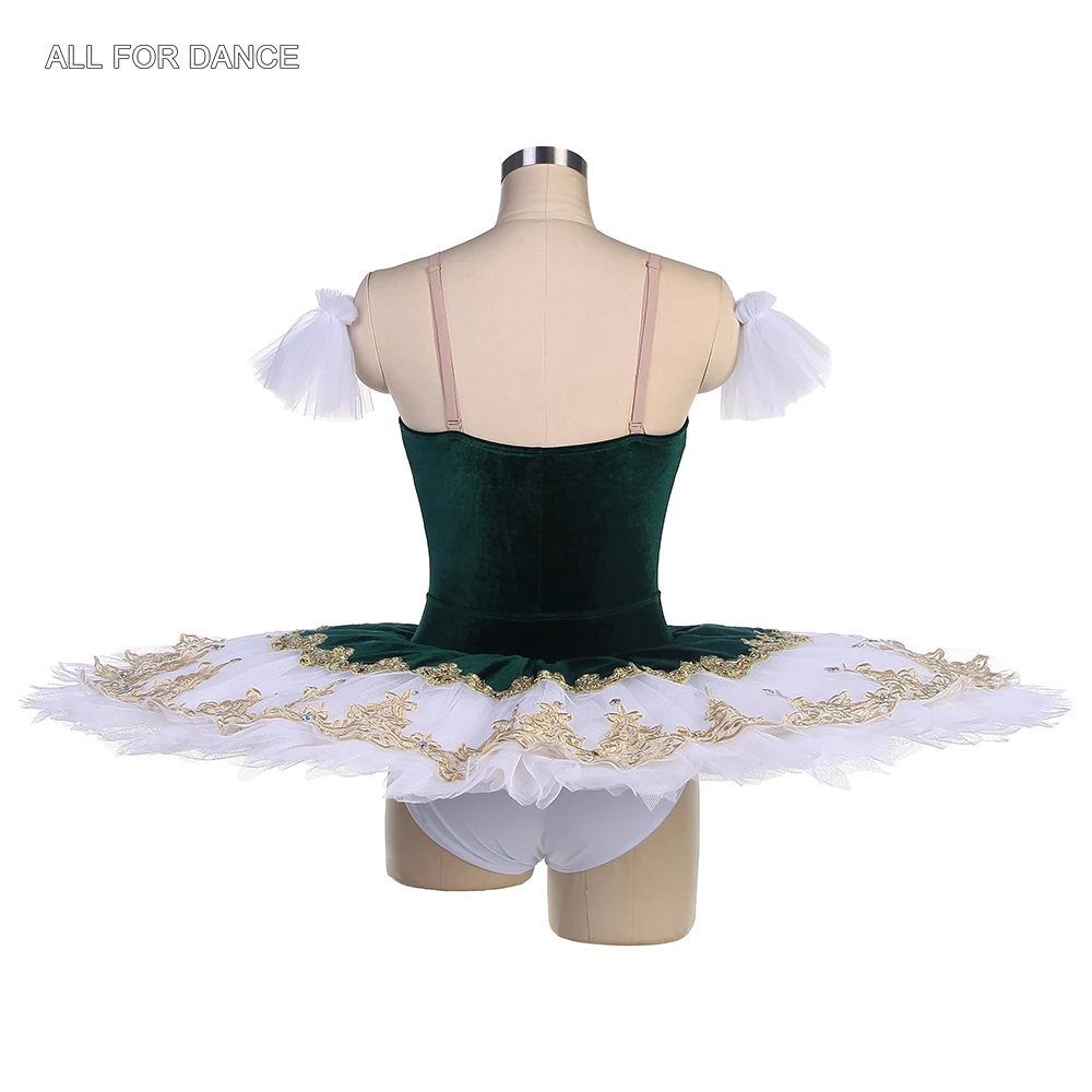 BLL556 Green Velvet Bodice Pre-professional Ballet Pancake Tutu with Gold Trim Perforamcne Ballet Tutu White Tulle Tutu