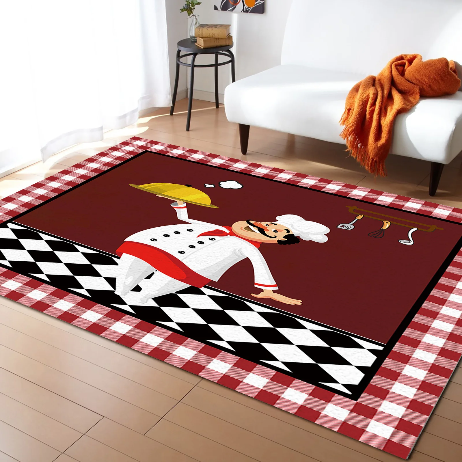 Red Plaid Chef Gourmet Knife Fork Carpet Area Rug Children's Room Living Room Bedroom Large Rug Home Play Decoration Floor Mat