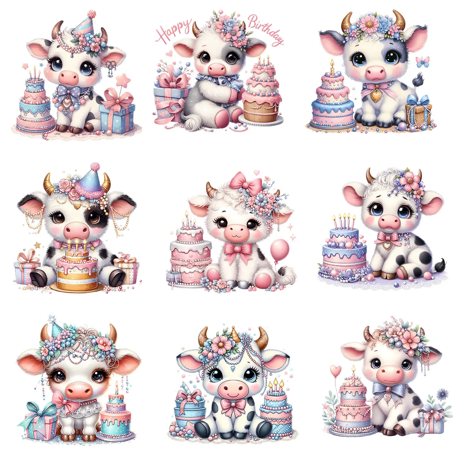 Cute Cow Happy Birthday Sweet Playful Stickers  Iron on Transfer Patches for Clothes Colorful Creations DIY Decoration
