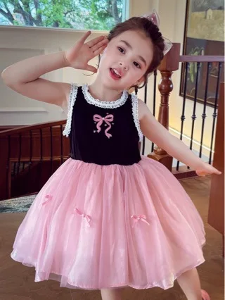 Girls Dress Summer 2026 New Children Western-style Bow Princess Dress Girls Baby Summer French Vest Dress