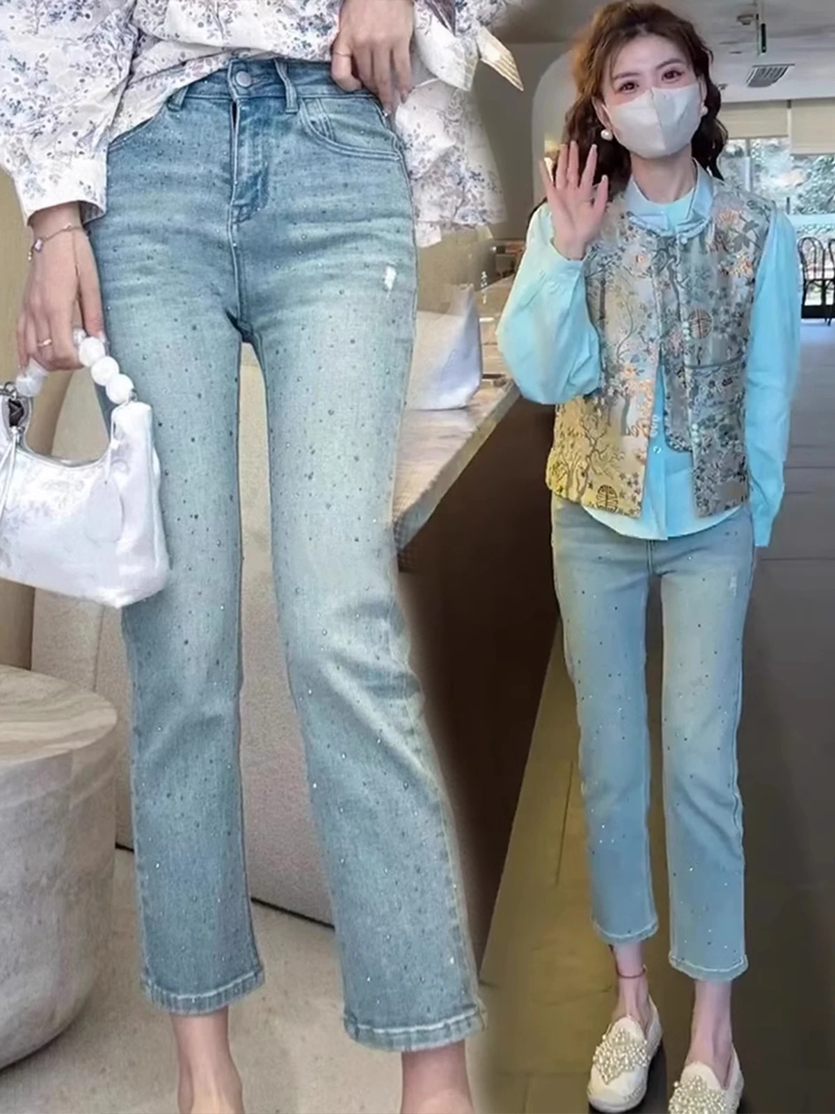 

Waed Heavy Embellied Denim Jeans Women's Summer 2024 New Faion Straight Cut Versatile Nine-Piece Pants High Waist Cotto...