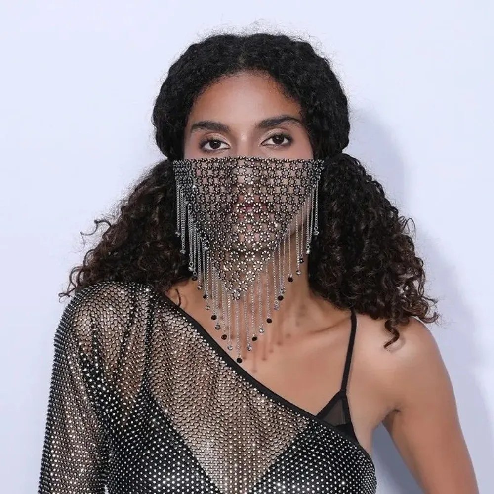 Rete da pesca riutilizzabile Maschera con strass Nappa bling Copertura per il viso Brillante maschera per travestimento cava Ragazza