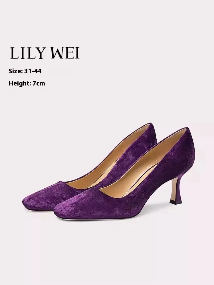 

Autumn new suede square toe shallow commuter OL low-heeled shoes thin high-heeled banquet large size small size women's shoes