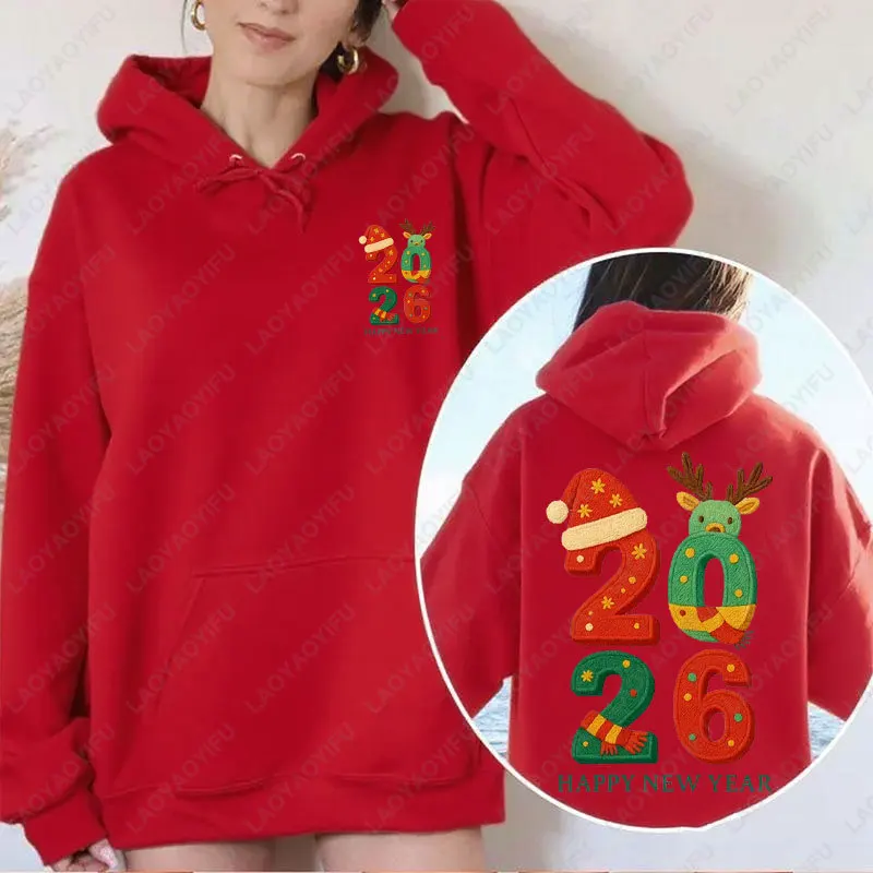 Hello 2026 Happy New Year Embroidery Cute Style Two Sided Women Hoody Happy Holiday Xmas Hat Elk Letters Graphic Simple Hoodies