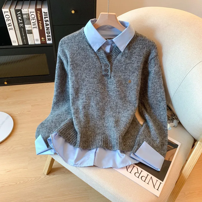 الكورية نمط وهمية اثنين من البلوزات للنساء الخريف الشتاء بدوره إلى أسفل Coloar تصميم تحسس قميص الطبقات أزرق رمادي بلوفر مغزول