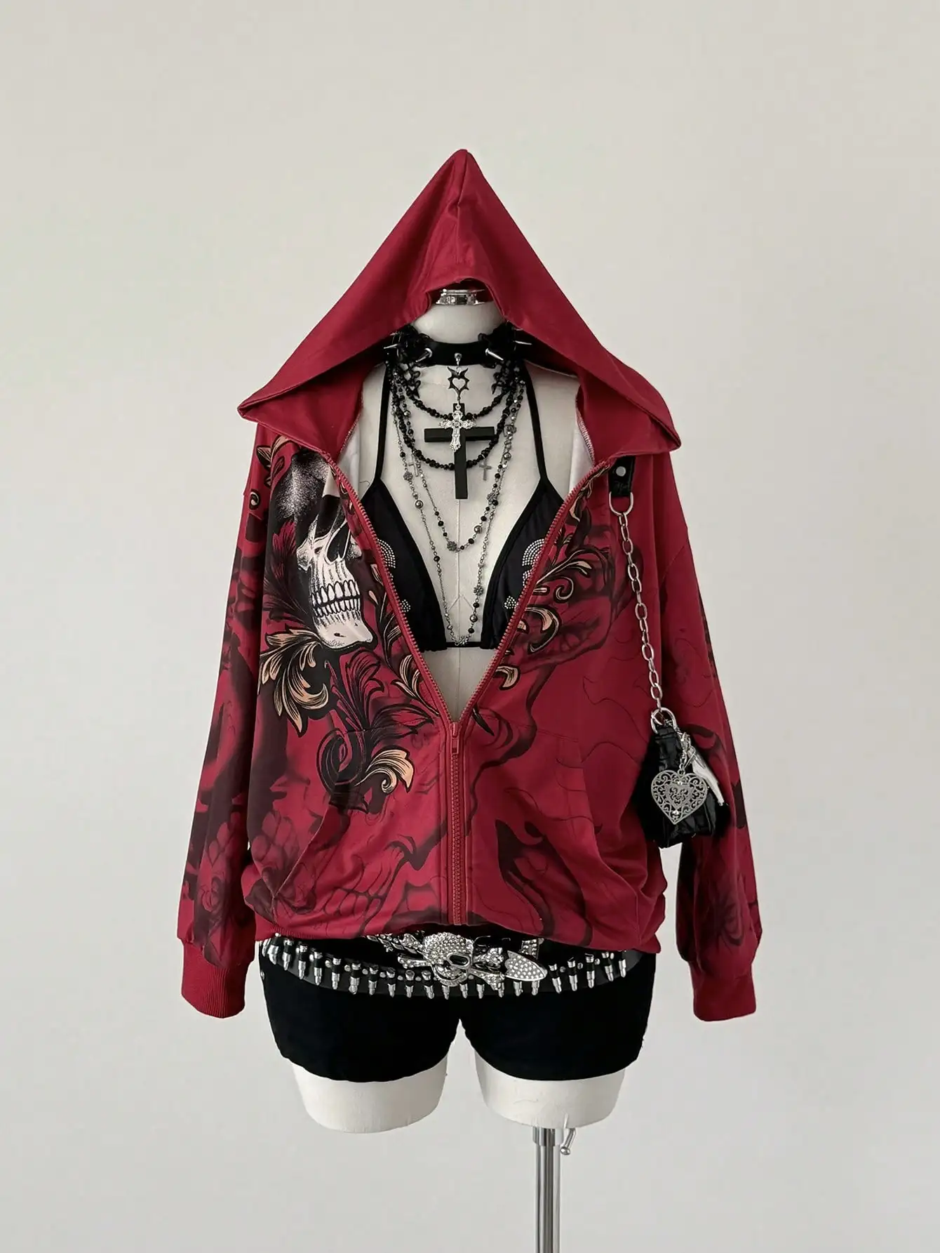 

Red Gothic Skull Print Hoodie with Zip Front, Drop Shoulder, Casual Streetwear for Halloween or Daily Wear