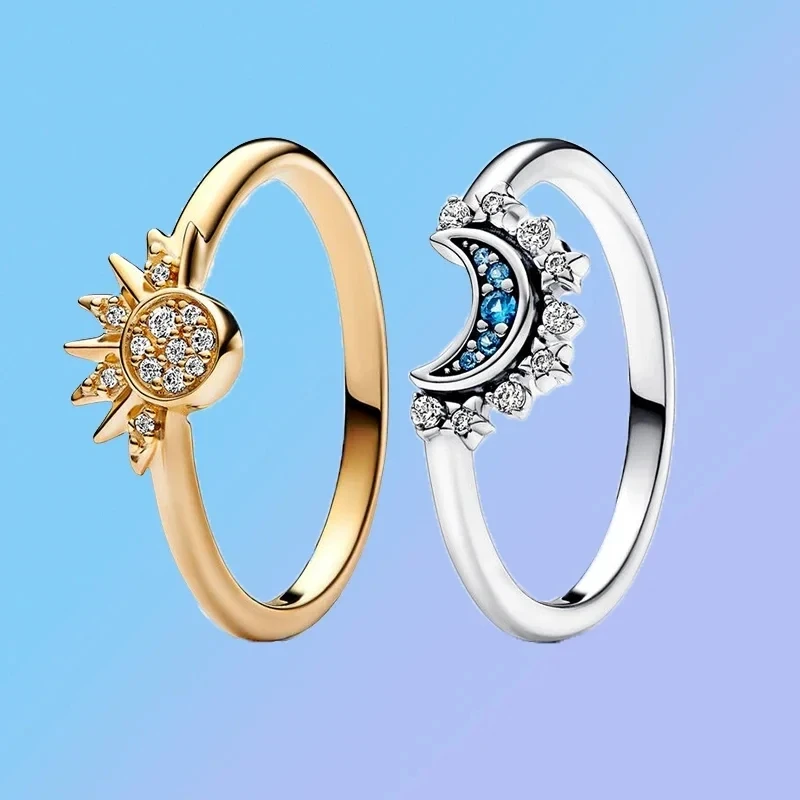 S925 Silver New Jewelry 2023 Summer Collection Sparkling Blue Moon Sun Diamond Gold Ring Set Combination