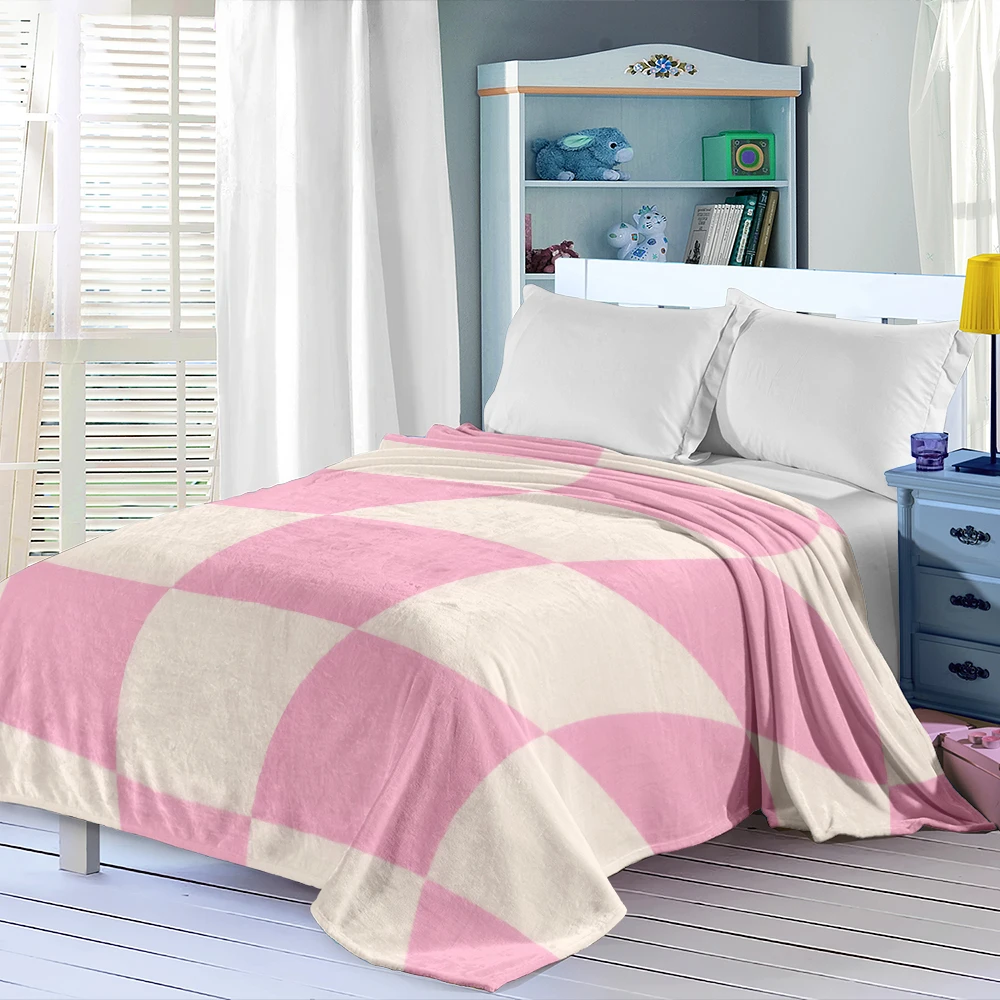 Pink Cream Warped Checker Flannel Blanket Perfect For Sofa Office Bed Travel Sleep Read Relax Camping Four Season Use