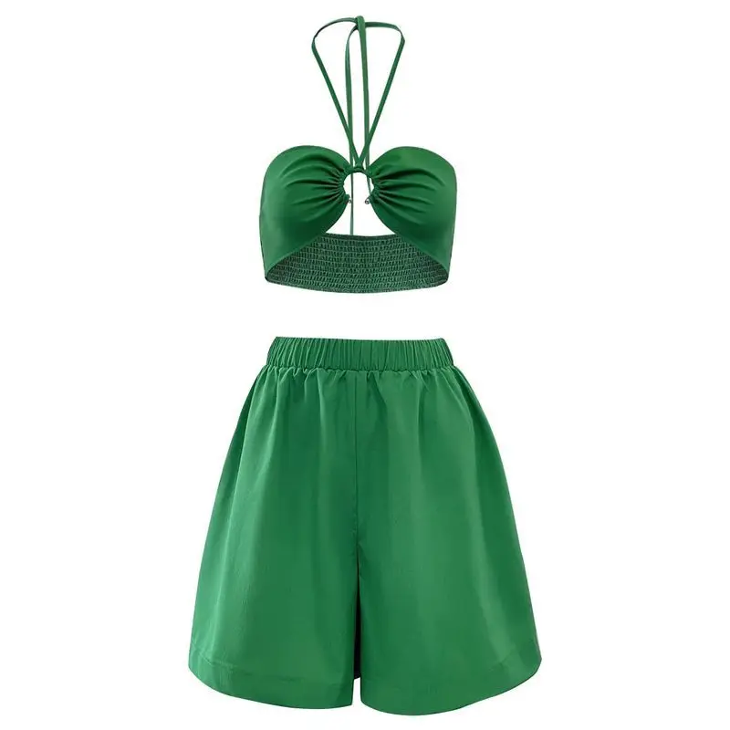 Sexy slim fit solid color new hanging neck and tie back shorts