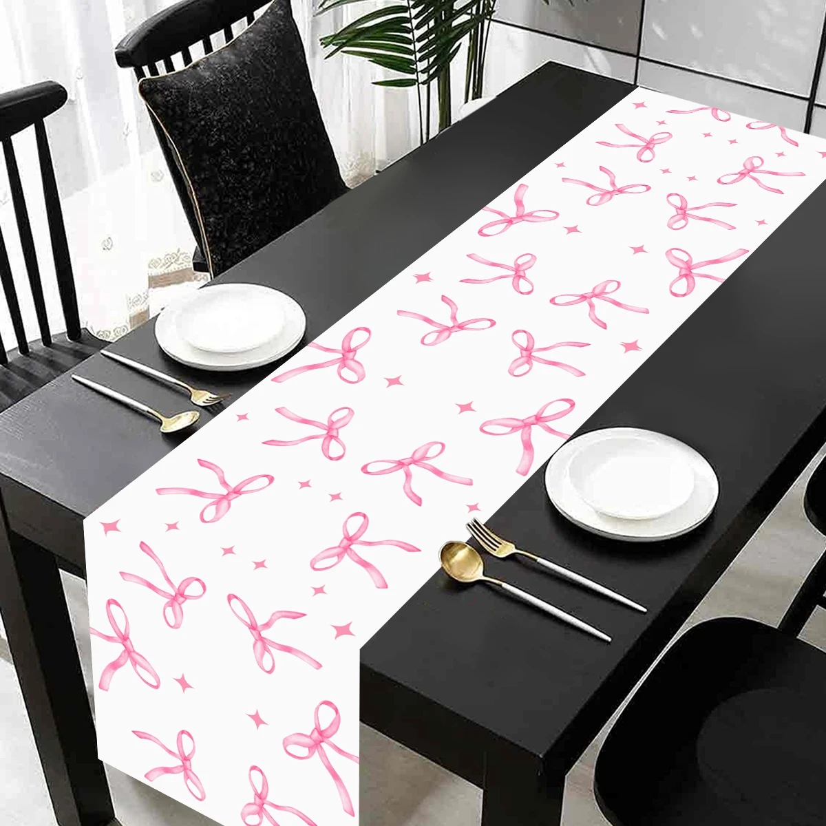 Pink Bow Table Runner 180cm Sweet Bowknot Printed Polyester Table Runner Valentine's Day Coquette Girls Birthday Party Decor