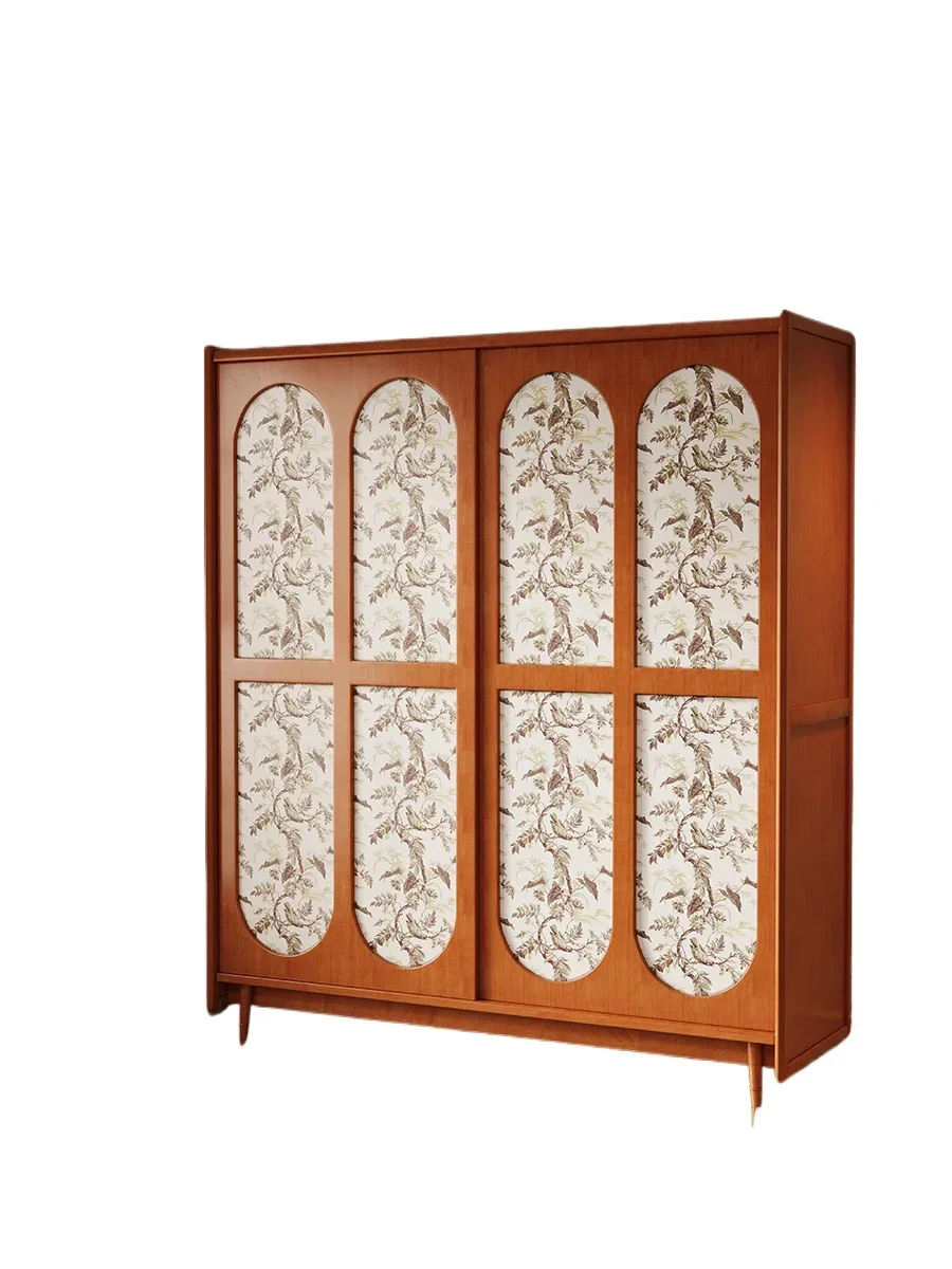 French retro solid wood wardrobe household bedroom storage hanging wardrobe medium antique small apartment sliding door