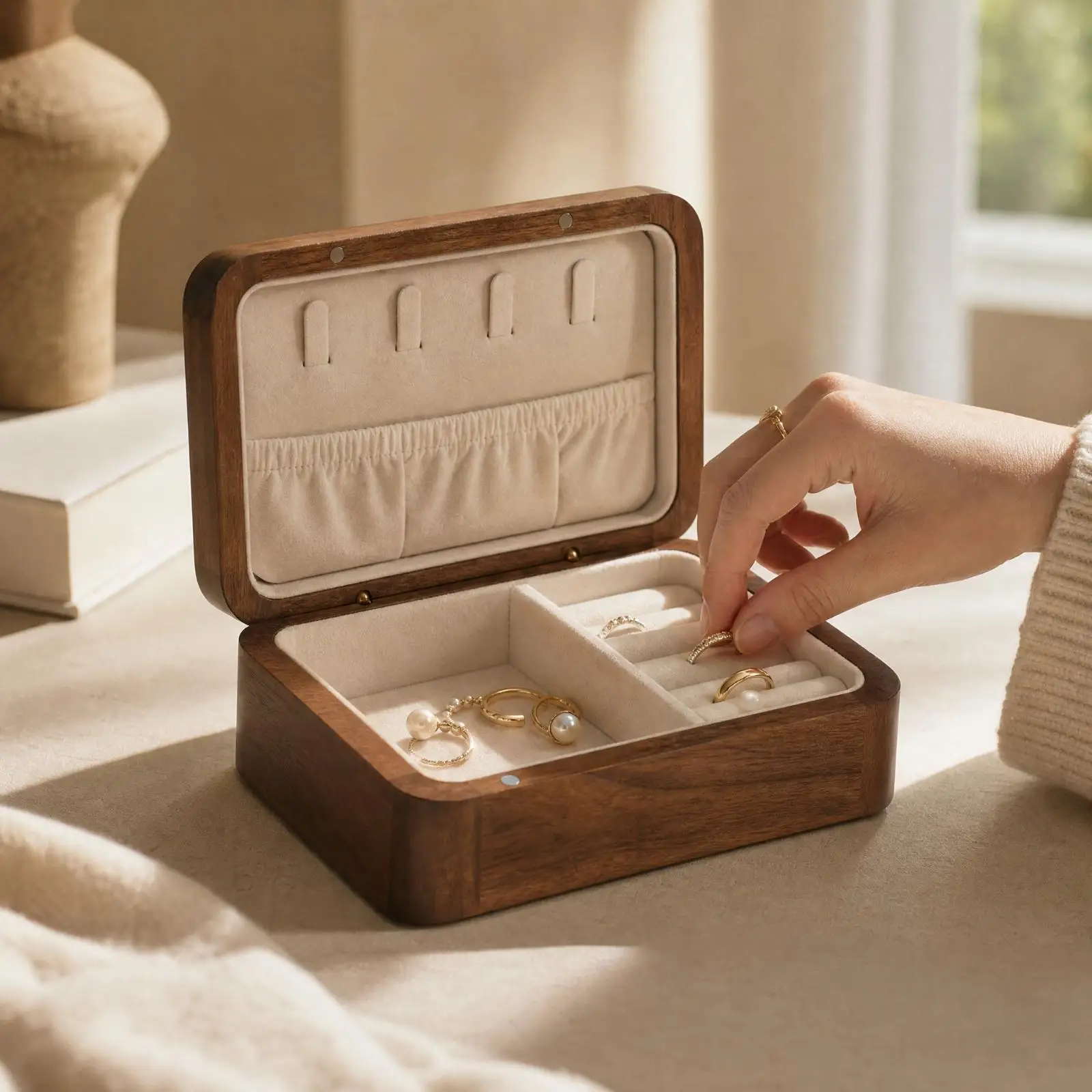 Wooden Jewelry Display Case Box with Velvet Lined Interior and Secure Lid for Necklace Earring Ring Bracelet Organization on