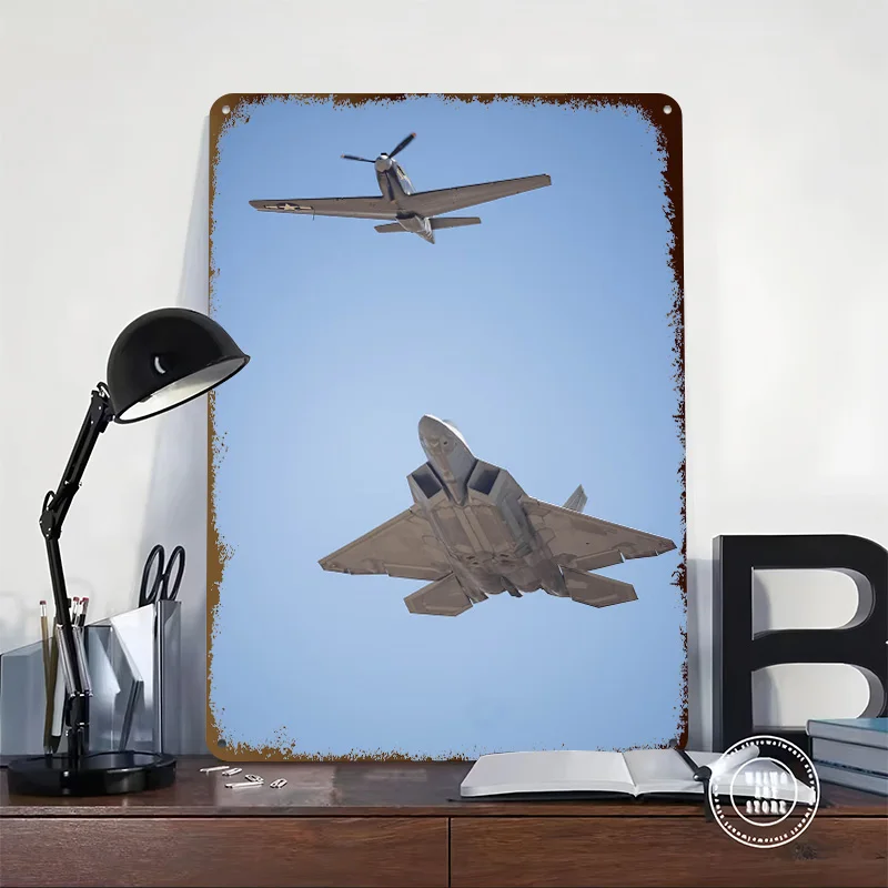 F-22 Raptor and P-51 Mustang Tin Poster Customized Wall Art Retro Vintage Metal Signs for Fans Room Desk Decor Luxury Decoration