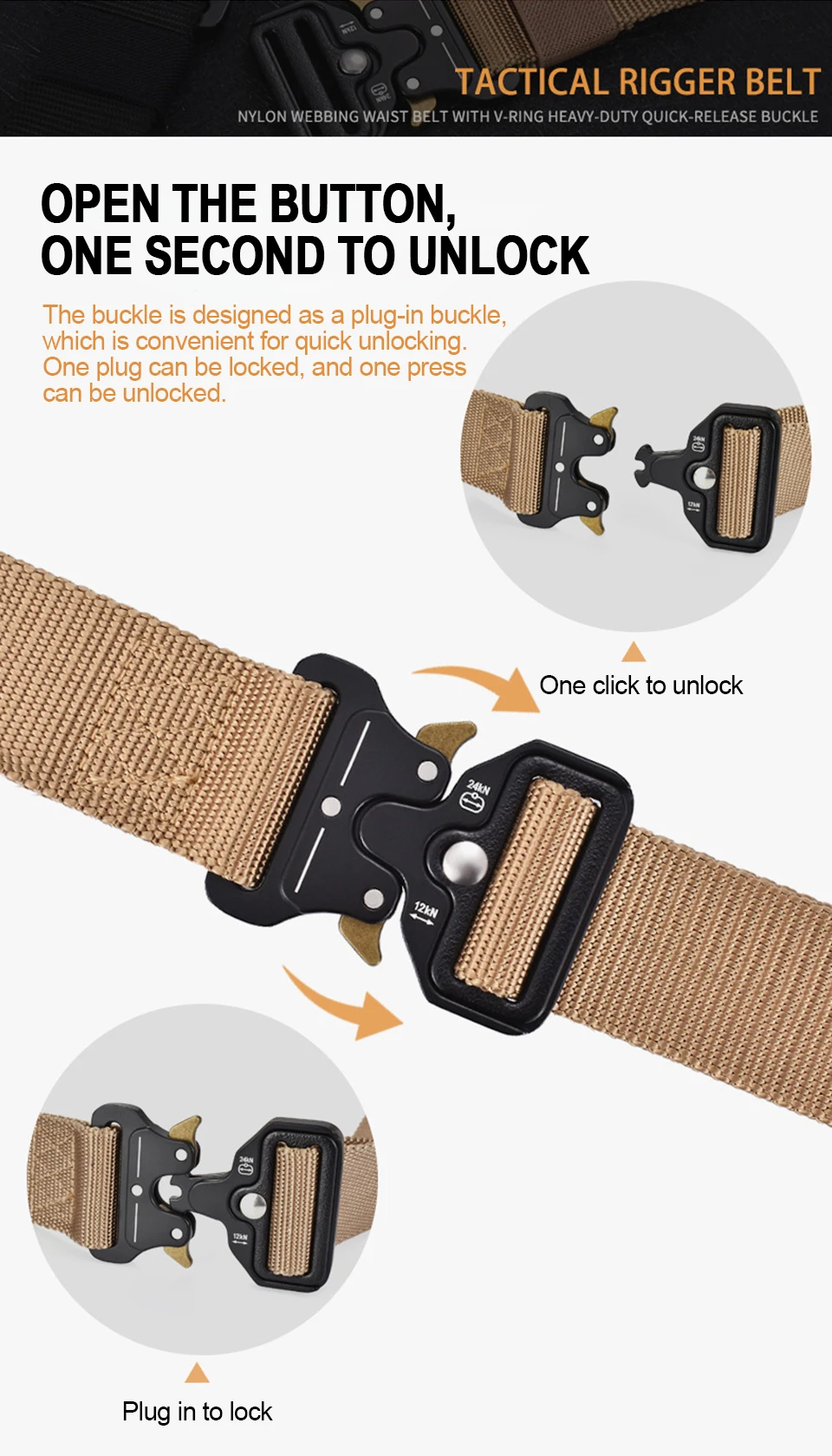 Taktischer Gürtel mit Schnellverschluss für Herren – robuster Canvas-Bund mit Wasserflaschenhaken, Karabiner, Outdoor-Jagd, Wanderausrüstungsset – Detail 6