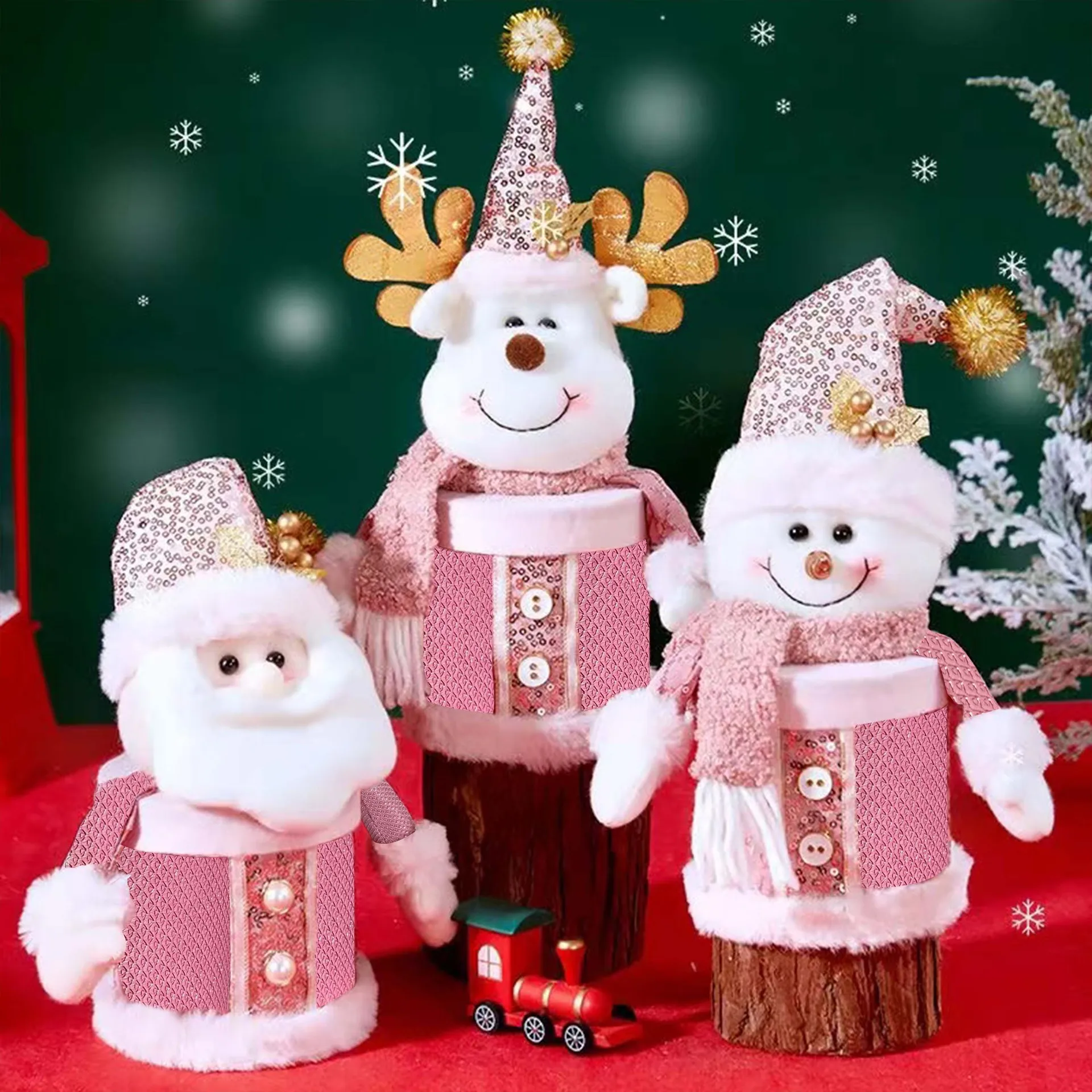 Pink Plush Snowman Apple Gift Box Christmas Tree Ornament Holiday Party Decoration Candy Container Xmas Home Decor Supplies