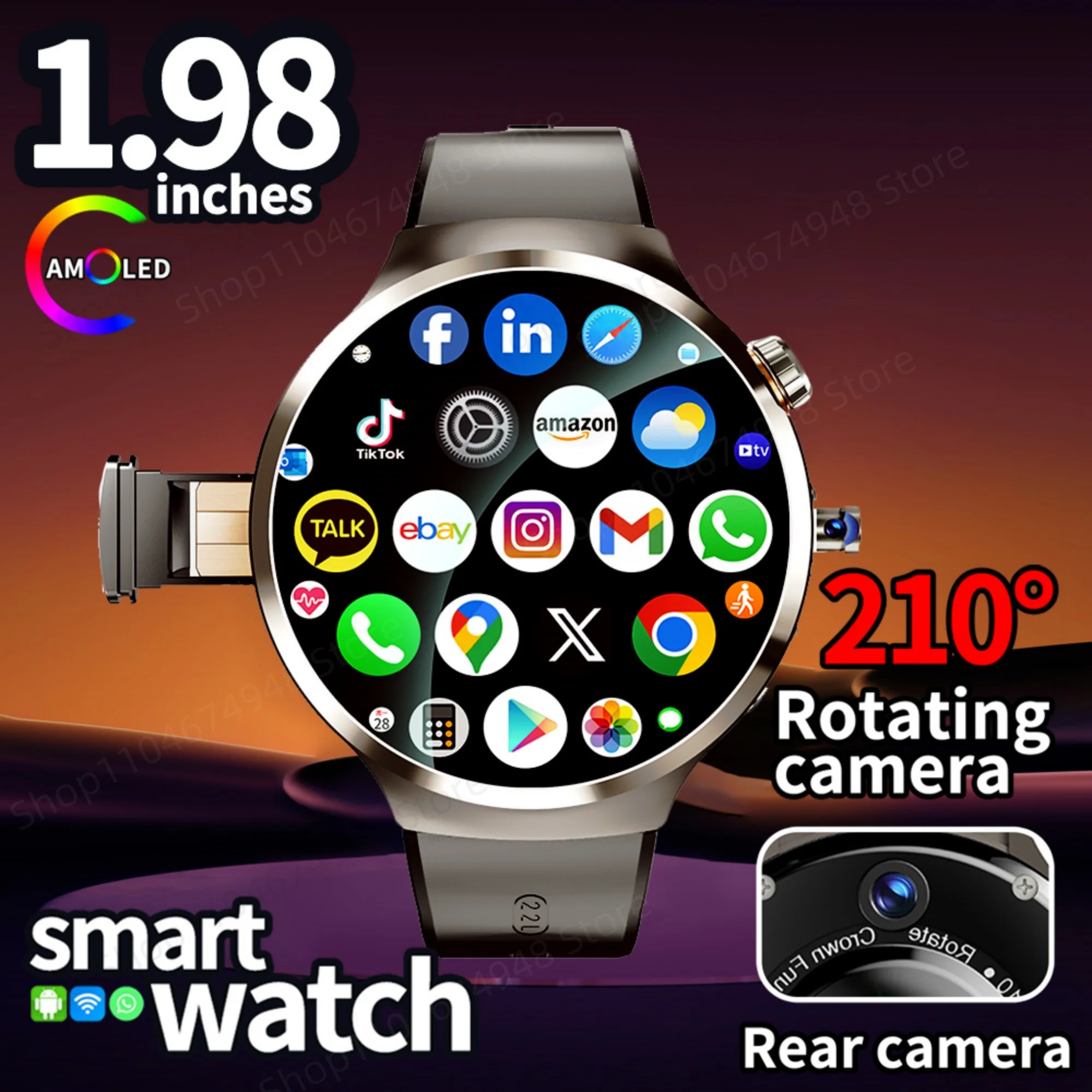 Montre intelligente Amoled de 1,98 pouces Netcom Smartwatch complète 4G/5G avec 210 °   Caméra rotative Android 13.0 double système GPS 1900mAH batterie