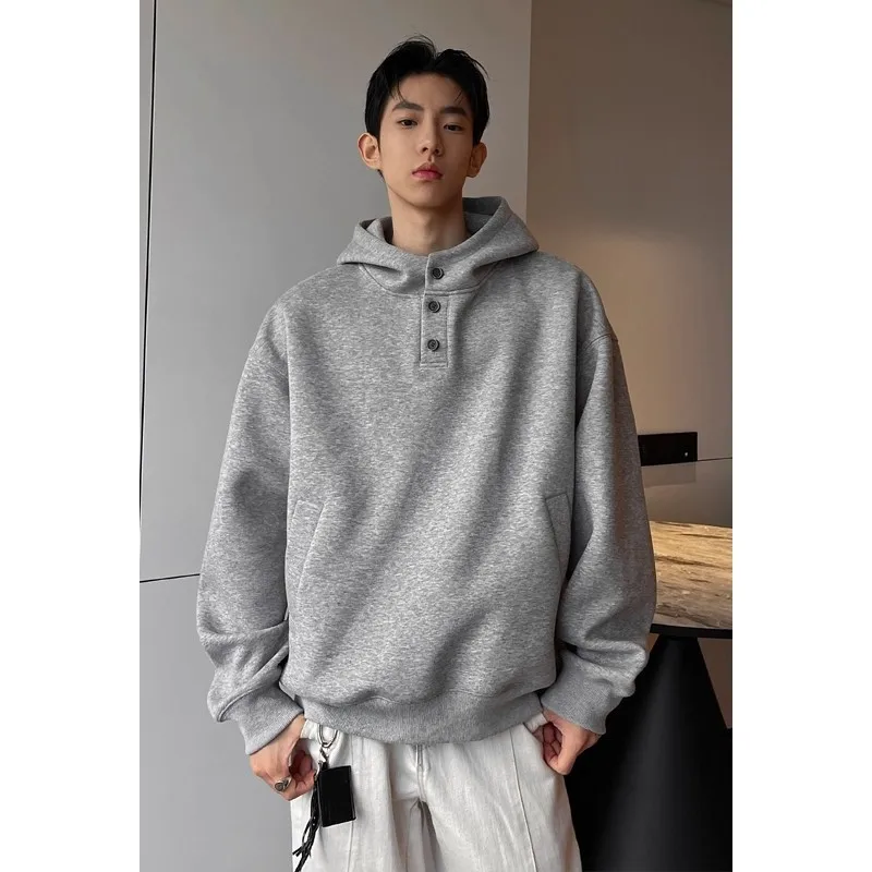 Heavy-duty high-collar buttoned hooded sweatshirt for men, boxy design, casual jacket, trendy brand, stiff loose top