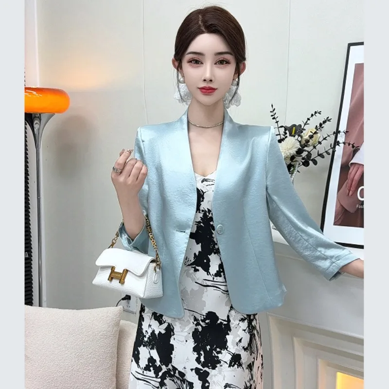 2026 Spring and Summer Women's Korean Collarless Pearl Satin White Suit Jacket, Women's New Casual V-neck Loose Temperament Top
