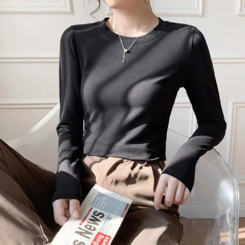 

Женская эластичная футболка с круглым вырезом, однотонные Топы в рубчик, Базовая рубашка с длинным рукавом и узким низом, повседневная одежда, зимние укороченные топы