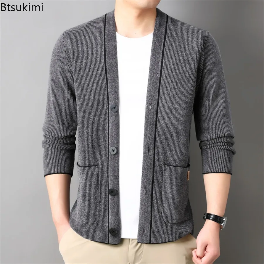 

Men's Spring Autumn Solid Knitted Cardigan Jacket Korean Edition Trendy Business Casual Corduroy Cardigan Coat Male Streetwear