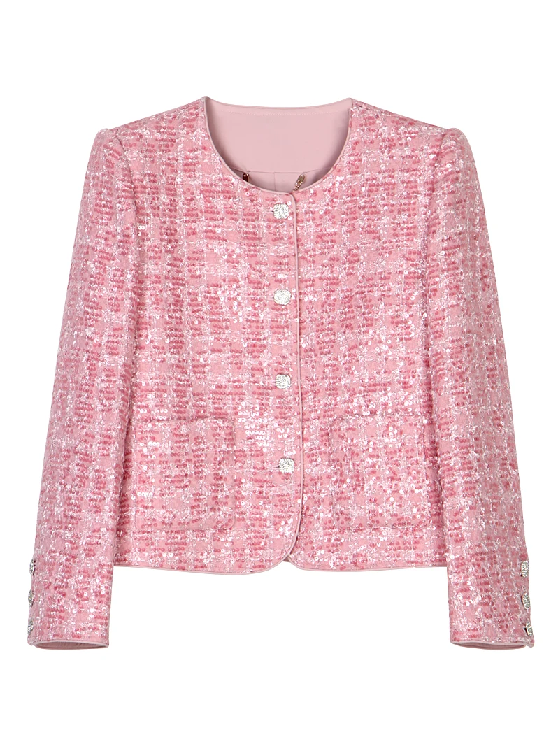 Women Pink Tweed Jacket Sequins Diamond Buttons O-Neck Long Sleeve Elegant Short Blazer Coat 2913
