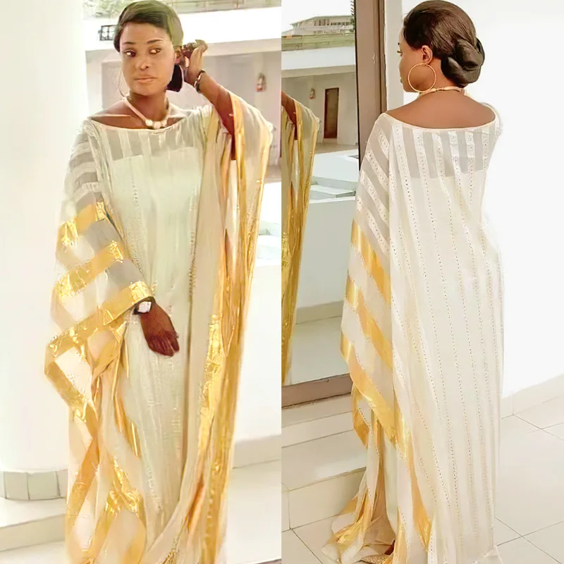 African Embroidery White Ladies Dress Robe Large Size Loose Spring Autumn Pullover White Wedding Africa Dresses Kanga Clothing