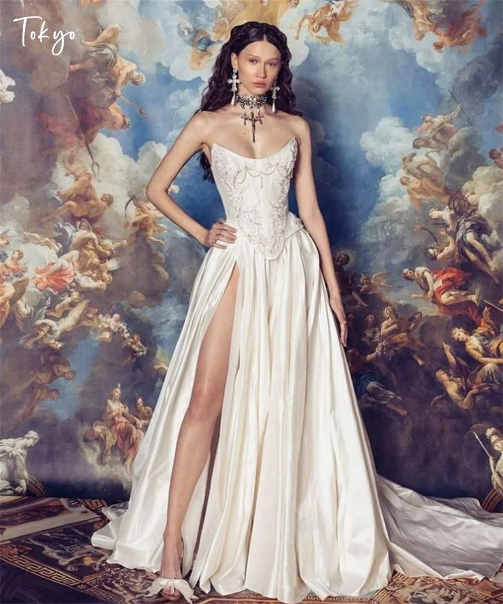 Tokyo personnalisé blanc bretelles robes de mariée sans manches côté haute fente robe de mariée 2025 à lacets dos a-ligne robe de mariée