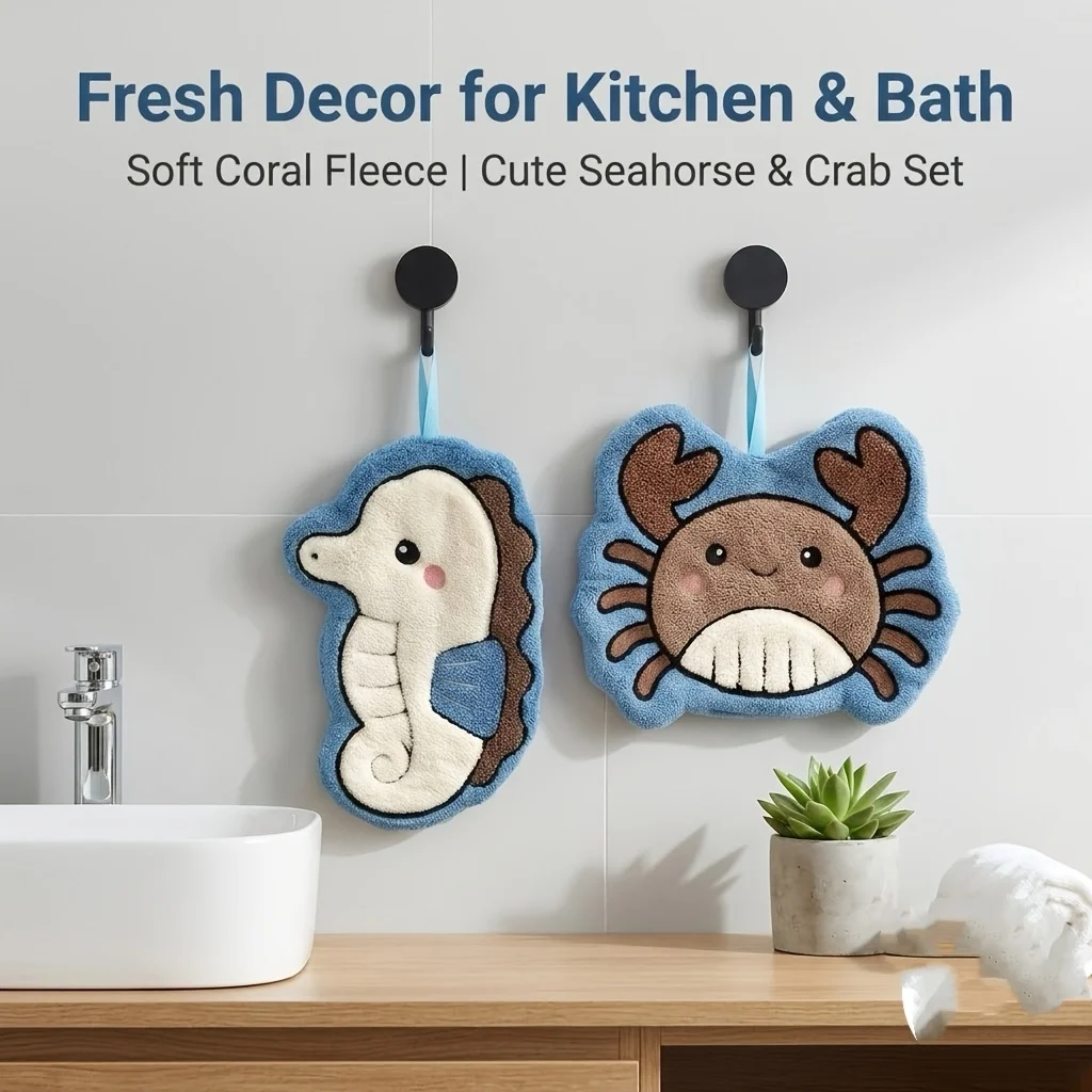 4/2 Pieces, Random Styles, Ocean-Themed Seahorse and Crab Hanging Towels, Soft Absorbent Coral Fleece Quick-Drying Towels, with Hanging Loop, Suitable for Kitchen and Bathroom Sinks, Home Decoration Gifts, Halloween and Christmas Gifts