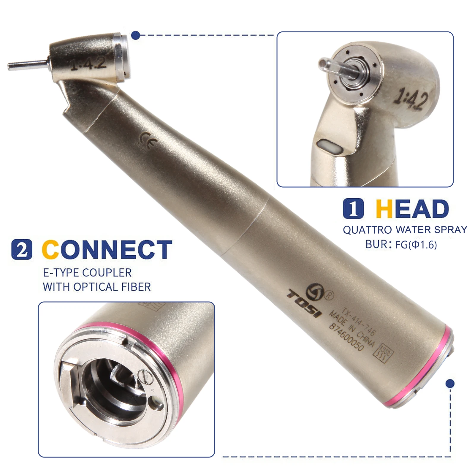 Dental 45 Degree Surgical Push Button Handpiece 1:4.2 Red Ring Increasing Led Contra Angle Inner Water 4 Way Spray