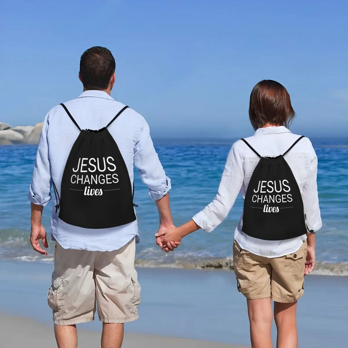 Christian Cross Drawstring Backpack Women Men Gym Sport Sackpack Portable Jesus Changes My Life Shopping Bag Sack