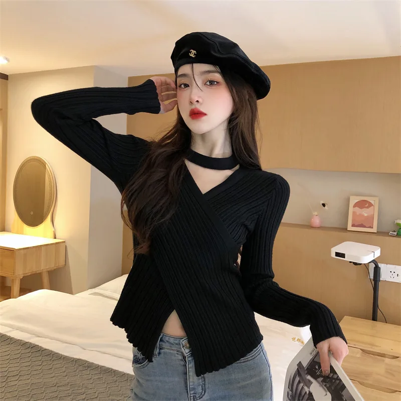 Korean Fashion Autumn Cross V-neck Design Knitted Jumpers Women's All-match Hanging Neck Irregular Slim Elastic Crop Tops