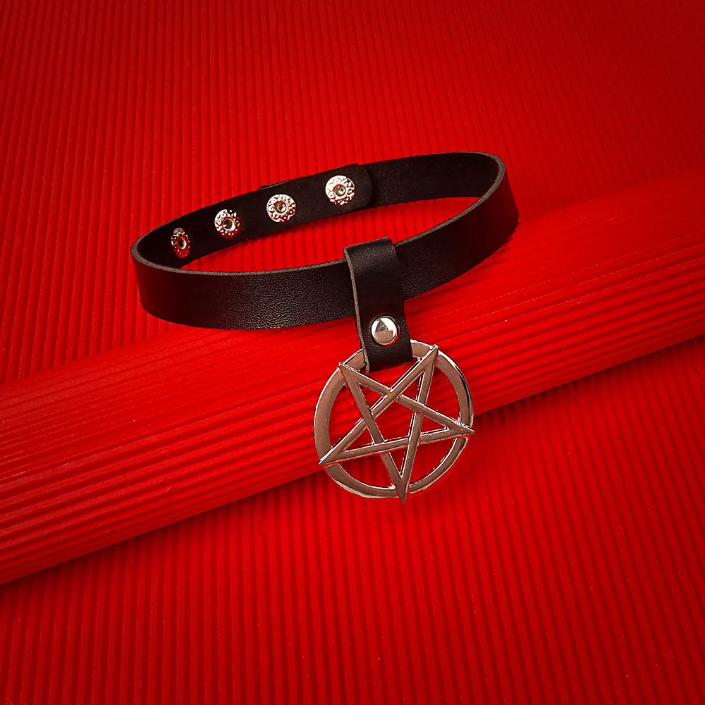 Punk  Individuality Night club Originality Temperament Five-pointed star Pendant Choker Leather PU Neck strap Collarbone chain