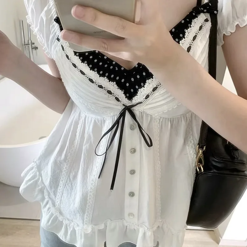 French Sweet Bow Lace T-shirt Coquette 100% Cotton Puff Sleeve V Neck Polka Dot Fake 2 Piece Peplum Blouse For Women Summer New