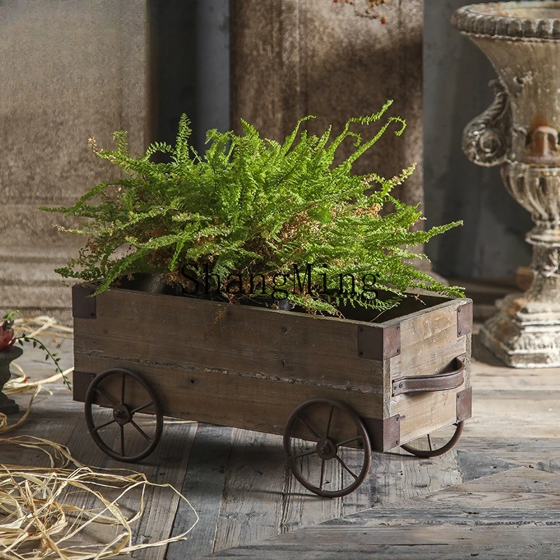 SM  wood trolley wrought iron retro old flower pot outdoor garden flower stand creative decoration